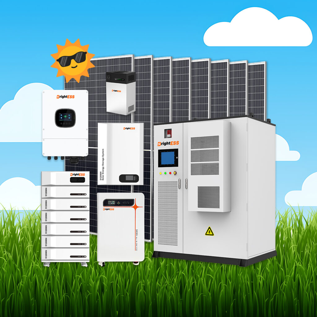 High-capacity BrightESS solar energy storage systems with solar panels for renewable power.